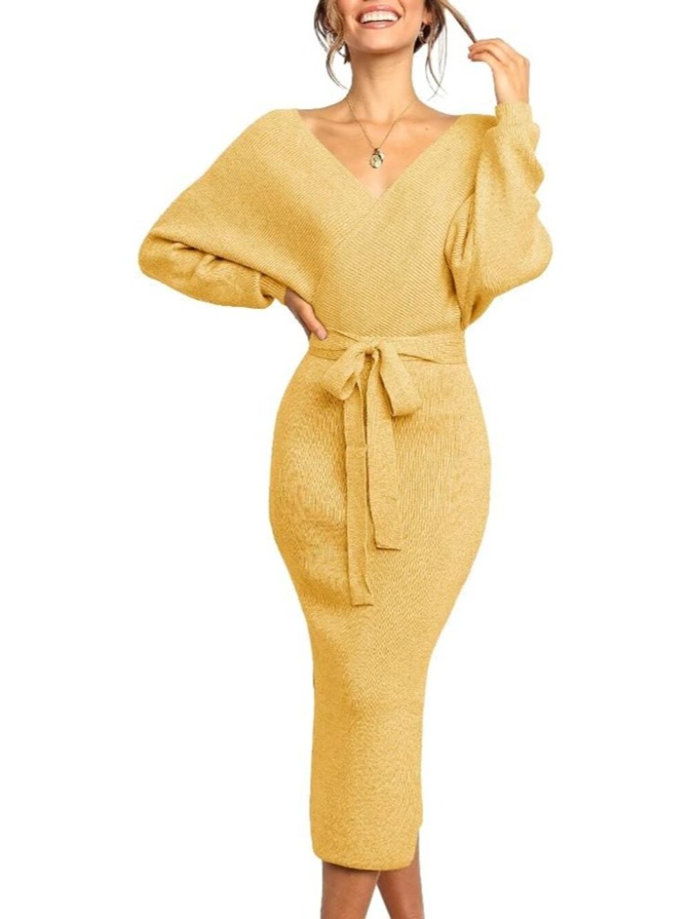 🆕 Women's Yellow Batwing Sleeve Wrap V Neck Ribbed Knit Bodycon Midi Dress